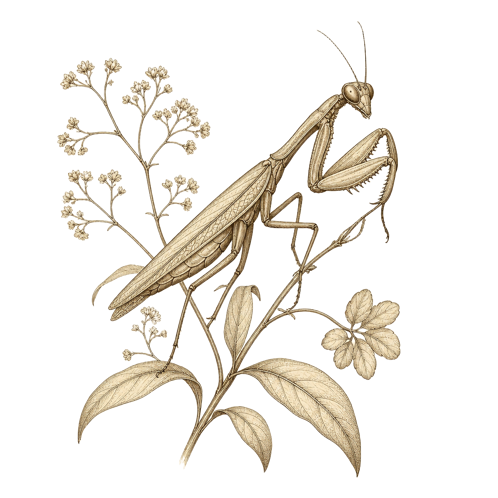 A vintage botanical illustration of a praying mantis perched on flowering stems.